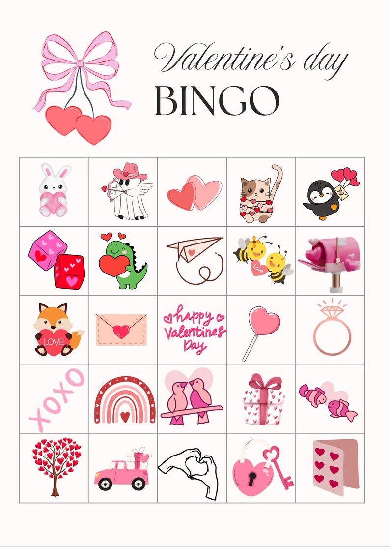 Puede incluir: Tarjeta de bingo del D&iacute;a de San Valent&iacute;n con 25 casillas que muestran varias im&aacute;genes relacionadas con el amor, los corazones y el D&iacute;a de San Valent&iacute;n. Las im&aacute;genes incluyen un conejito sosteniendo un coraz&oacute;n, un &aacute;ngel cupido, dos corazones, un gato con una guirnalda de corazones, un ping&uuml;ino sosteniendo globos, dados con corazones, un dinosaurio sosteniendo un coraz&oacute;n, un avi&oacute;n de papel, dos abejas con un coraz&oacute;n, un buz&oacute;n con corazones, un zorro sosteniendo un coraz&oacute;n, un sobre con un coraz&oacute;n, el texto "Feliz D&iacute;a de San Valent&iacute;n", una piruleta con un coraz&oacute;n, un anillo, el texto "XOXO", un arco&iacute;ris con un coraz&oacute;n, dos p&aacute;jaros en una rama, una caja de regalo con corazones, dos peces con corazones, un &aacute;rbol con corazones, un coche rosa con una caja de regalo, una mano haciendo un coraz&oacute;n, una cerradura rosa con una llave y una tarjeta con corazones.