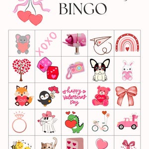 Puede incluir: Tarjeta de bingo del D&iacute;a de San Valent&iacute;n con im&aacute;genes de corazones, un buz&oacute;n, un arco&iacute;ris, una c&aacute;mara, un perro, un conejito, un zorro, un ping&uuml;ino, un osito de peluche, un lazo, un anillo, un &aacute;ngel, un dinosaurio, una bicicleta, un coche, abejas, un gato, una tarjeta y una piruleta.
