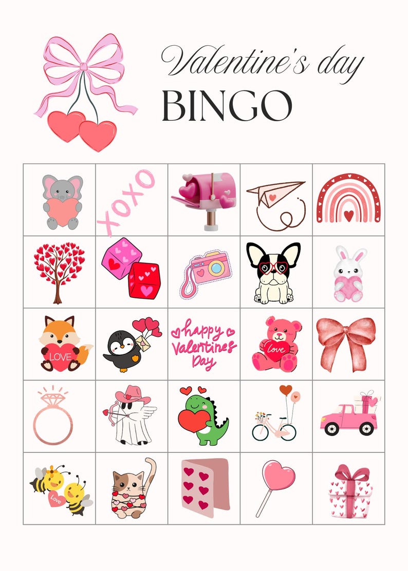 Puede incluir: Tarjeta de bingo del D&iacute;a de San Valent&iacute;n con im&aacute;genes de corazones, un buz&oacute;n, un arco&iacute;ris, una c&aacute;mara, un perro, un conejito, un zorro, un ping&uuml;ino, un osito de peluche, un lazo, un anillo, un &aacute;ngel, un dinosaurio, una bicicleta, un coche, abejas, un gato, una tarjeta y una piruleta.