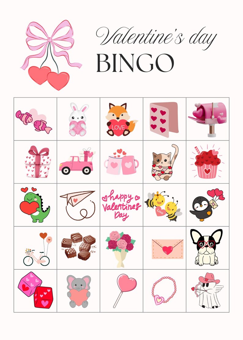 Puede incluir: Tarjeta de bingo del D&iacute;a de San Valent&iacute;n con 25 casillas que muestran varias im&aacute;genes relacionadas con el amor, los corazones y el D&iacute;a de San Valent&iacute;n. Las im&aacute;genes incluyen un coraz&oacute;n, un conejito, un zorro, una tarjeta, un buz&oacute;n, una caja de regalo, un cami&oacute;n, tazas, un gato, un cupcake, un dinosaurio, un avi&oacute;n de papel, las palabras "Feliz D&iacute;a de San Valent&iacute;n", abejas, un ping&uuml;ino, una bicicleta, chocolate, flores, un sobre, un perro, dados, un elefante, una piruleta, un collar y un &aacute;ngel.