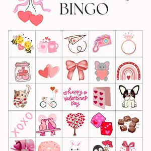 Puede incluir: Tarjeta de bingo del D&iacute;a de San Valent&iacute;n con 25 casillas que presentan varios corazones rosas y rojos, una abeja, una c&aacute;mara, un anillo, un gato, una bicicleta, un &aacute;rbol, una dona, un ping&uuml;ino y otras im&aacute;genes con tem&aacute;tica del D&iacute;a de San Valent&iacute;n.