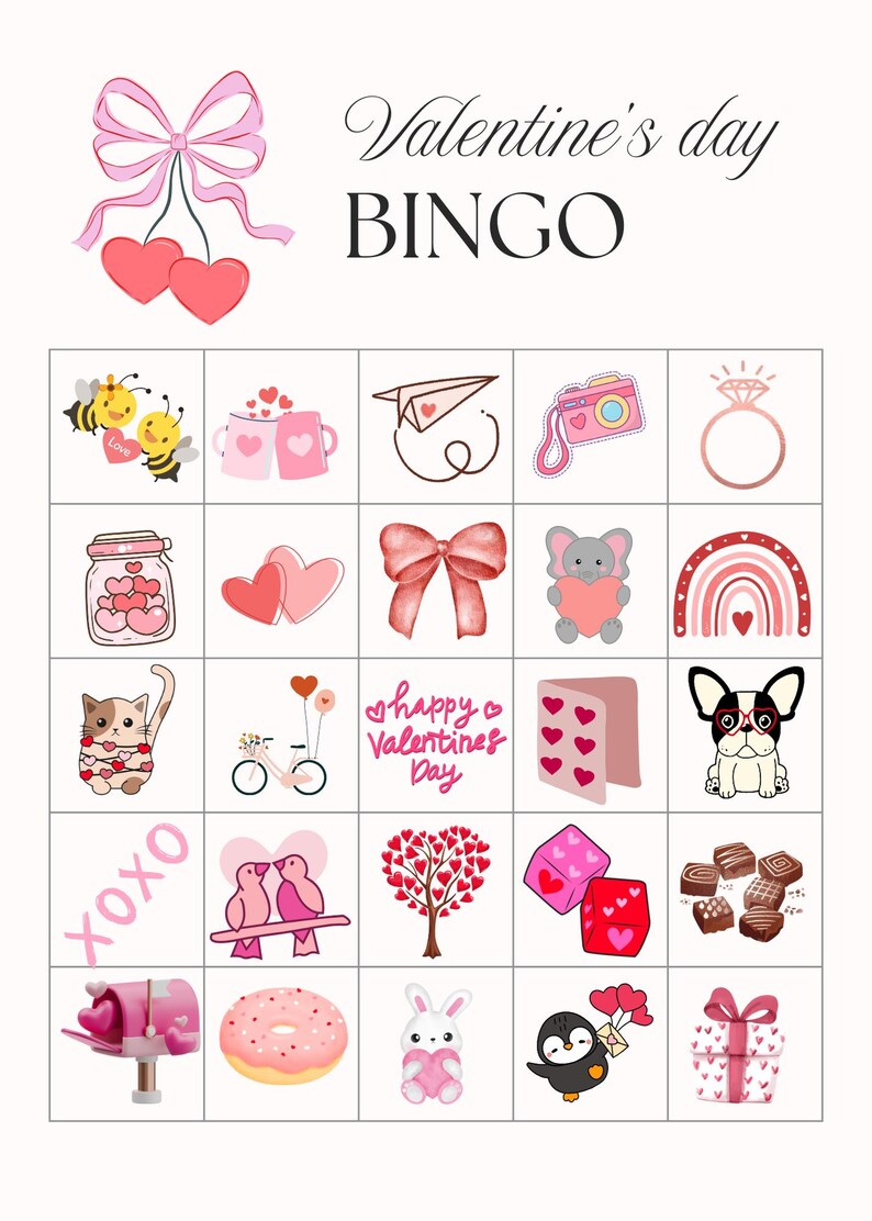 Puede incluir: Tarjeta de bingo del D&iacute;a de San Valent&iacute;n con 25 casillas que presentan varios corazones rosas y rojos, una abeja, una c&aacute;mara, un anillo, un gato, una bicicleta, un &aacute;rbol, una dona, un ping&uuml;ino y otras im&aacute;genes con tem&aacute;tica del D&iacute;a de San Valent&iacute;n.