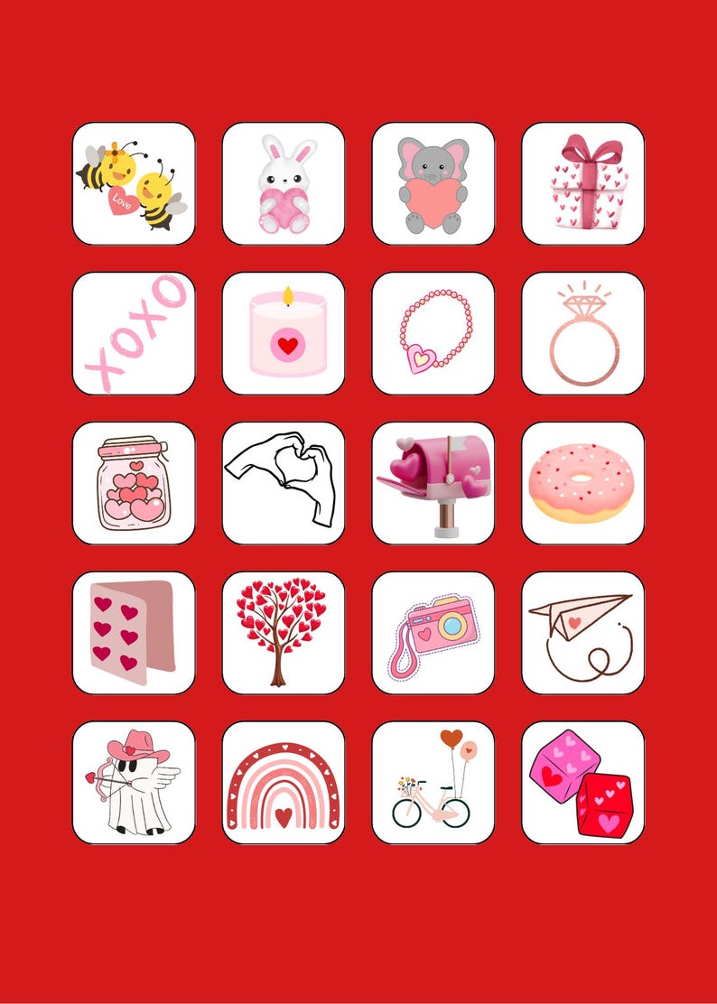 Puede incluir: Un conjunto de 16 im&aacute;genes de clipart digital con tem&aacute;tica de San Valent&iacute;n. Las im&aacute;genes incluyen una abeja, un conejito, un elefante, una caja de regalo, XOXO, una vela, un brazalete, un anillo, un frasco de corazones, una mano haciendo una forma de coraz&oacute;n, un buz&oacute;n, una dona, una tarjeta, un &aacute;rbol, una c&aacute;mara, un avi&oacute;n de papel, un fantasma con una flecha, un arco&iacute;ris, una bicicleta y dados.