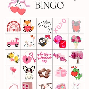Puede incluir: Tarjeta de bingo del D&iacute;a de San Valent&iacute;n con im&aacute;genes de corazones, un arco&iacute;ris, un zorro, manos haciendo un coraz&oacute;n, XOXO, un elefante, un cami&oacute;n, una bicicleta, un ping&uuml;ino, dados, flores, abejas, un candado y una llave, un pez, un buz&oacute;n, globos, un perro, chocolate, tazas, un dinosaurio, un collar, una tarjeta, un avi&oacute;n de papel, una c&aacute;mara y un conejo.