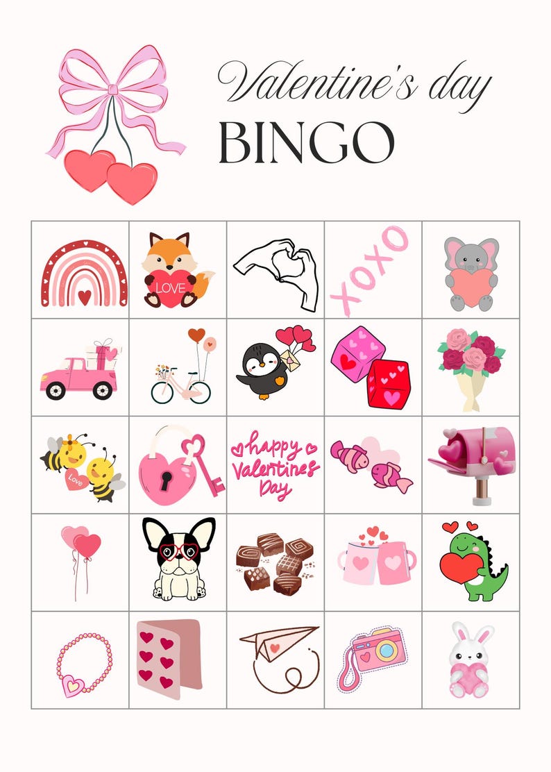 Puede incluir: Tarjeta de bingo del D&iacute;a de San Valent&iacute;n con im&aacute;genes de corazones, un arco&iacute;ris, un zorro, manos haciendo un coraz&oacute;n, XOXO, un elefante, un cami&oacute;n, una bicicleta, un ping&uuml;ino, dados, flores, abejas, un candado y una llave, un pez, un buz&oacute;n, globos, un perro, chocolate, tazas, un dinosaurio, un collar, una tarjeta, un avi&oacute;n de papel, una c&aacute;mara y un conejo.