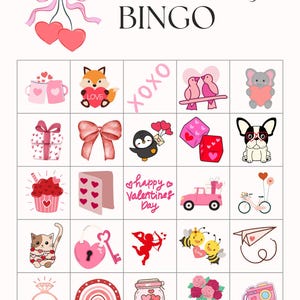 Puede incluir: Tarjeta de bingo del D&iacute;a de San Valent&iacute;n con corazones rosas y rojos, un zorro, un ping&uuml;ino, un cupcake, un gato, un candado y una llave, un cupido, abejas, un anillo, un arco&iacute;ris, un frasco de corazones, un ramo de flores y una c&aacute;mara.