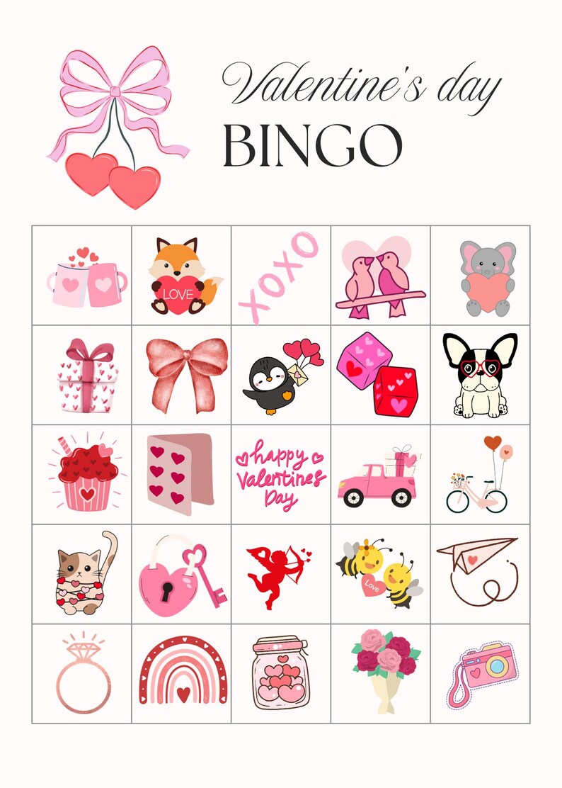 Puede incluir: Tarjeta de bingo del D&iacute;a de San Valent&iacute;n con corazones rosas y rojos, un zorro, un ping&uuml;ino, un cupcake, un gato, un candado y una llave, un cupido, abejas, un anillo, un arco&iacute;ris, un frasco de corazones, un ramo de flores y una c&aacute;mara.