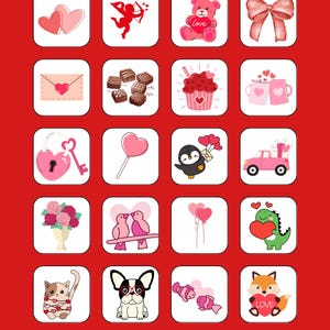 Puede incluir: Un conjunto de 16 iconos tem&aacute;ticos de San Valent&iacute;n con varias im&aacute;genes como corazones, un cupido, un osito de peluche, un lazo, una carta, chocolate, un cupcake, tazas, un candado y una llave, una piruleta, un ping&uuml;ino, un coche, flores, p&aacute;jaros, globos, un dinosaurio, un gato, un perro, peces y un zorro.
