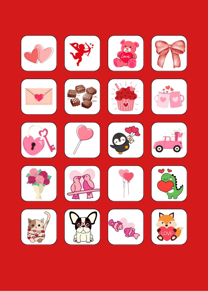 Puede incluir: Un conjunto de 16 iconos tem&aacute;ticos de San Valent&iacute;n con varias im&aacute;genes como corazones, un cupido, un osito de peluche, un lazo, una carta, chocolate, un cupcake, tazas, un candado y una llave, una piruleta, un ping&uuml;ino, un coche, flores, p&aacute;jaros, globos, un dinosaurio, un gato, un perro, peces y un zorro.