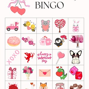 Puede incluir: Tarjeta de bingo del D&iacute;a de San Valent&iacute;n con 25 casillas que muestran im&aacute;genes de corazones, un coche rosa, abejas, un elefante, un &aacute;rbol, un conejo, una dona, peces, tazas, un ping&uuml;ino, un buz&oacute;n, las palabras "XOXO", un &aacute;ngel, una piruleta, un perro, una caja de regalo, flores, un sobre, un dinosaurio, dados, una magdalena, una bicicleta, un zorro, un tarro y chocolate.