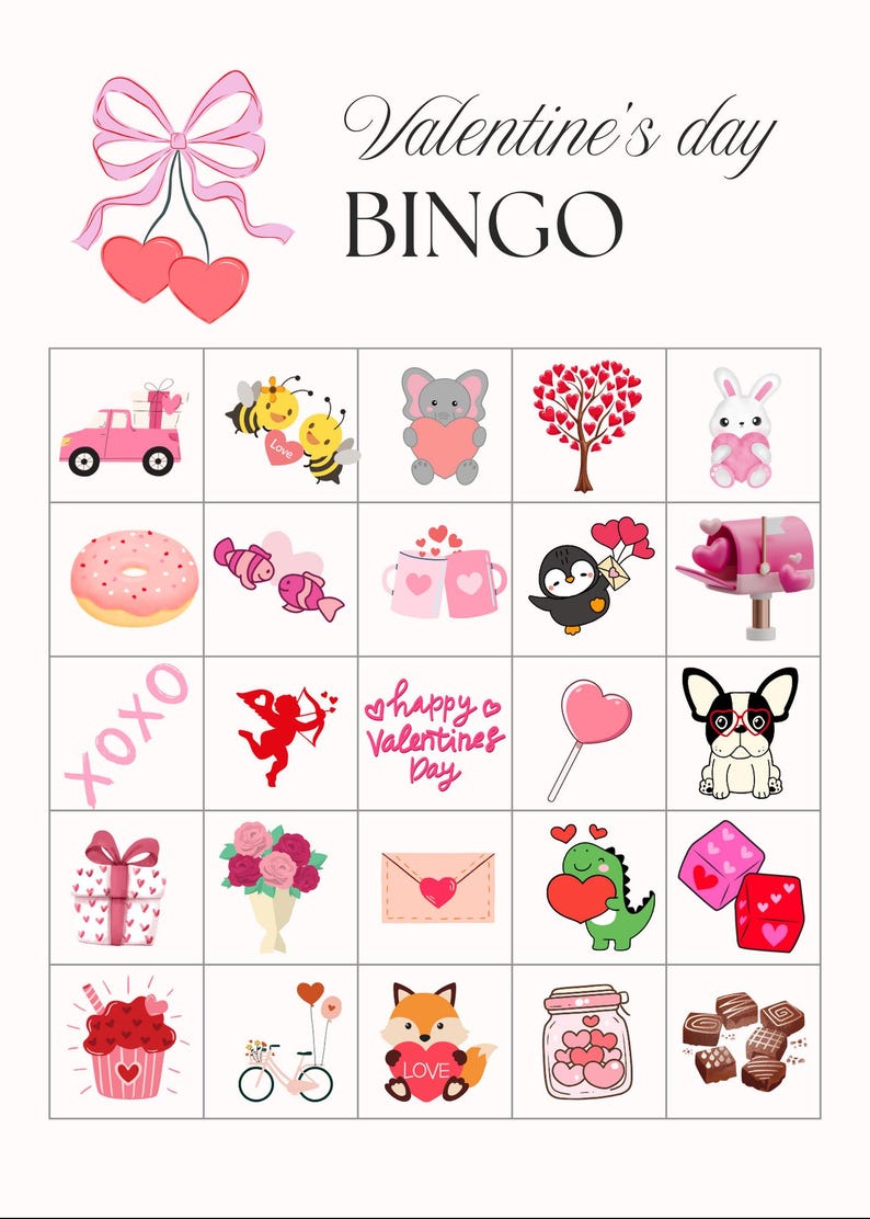 Puede incluir: Tarjeta de bingo del D&iacute;a de San Valent&iacute;n con 25 casillas que muestran im&aacute;genes de corazones, un coche rosa, abejas, un elefante, un &aacute;rbol, un conejo, una dona, peces, tazas, un ping&uuml;ino, un buz&oacute;n, las palabras "XOXO", un &aacute;ngel, una piruleta, un perro, una caja de regalo, flores, un sobre, un dinosaurio, dados, una magdalena, una bicicleta, un zorro, un tarro y chocolate.