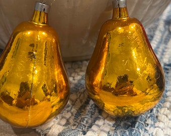 2 adornos navideños de cristal dorado en forma de pera de Checoslovaquia