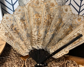 WAYANG Folding Fan Beige Gold Wood Leather Pierced Shadow Puppet Fan Indonesian