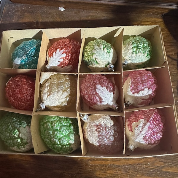 Box of 12 VINTAGE PINECONE Glass Christmas