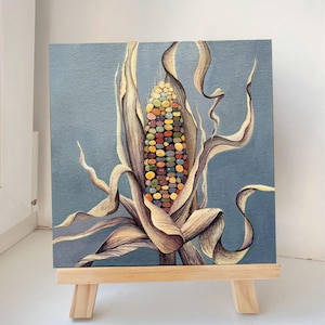 Indian Corn Painting: Original Autumn Harvest Acrylic Art (7.9 x 7.9 inches)