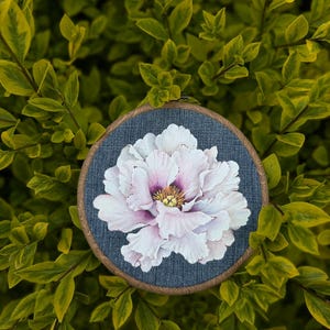 Hand-Painted Peony Art on Denim: Framed Floral Wall Decor