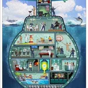 May include: A colourful illustration of a submarine with various activities happening inside, including a swimming pool, a bar, a basketball court, a cinema, and a dining room. The text on the submarine reads "Don't Say A Word" and "Silent Service".