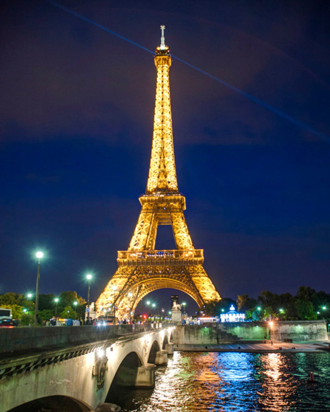 Eiffel Tower Photo, Paris Photography Blue Gold Night Photograph Wall