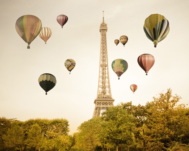 Paris Photography, Hot Air Balloons Print, Eiffel Tower Paris Decor, France Print Beige Neutral Colors par210