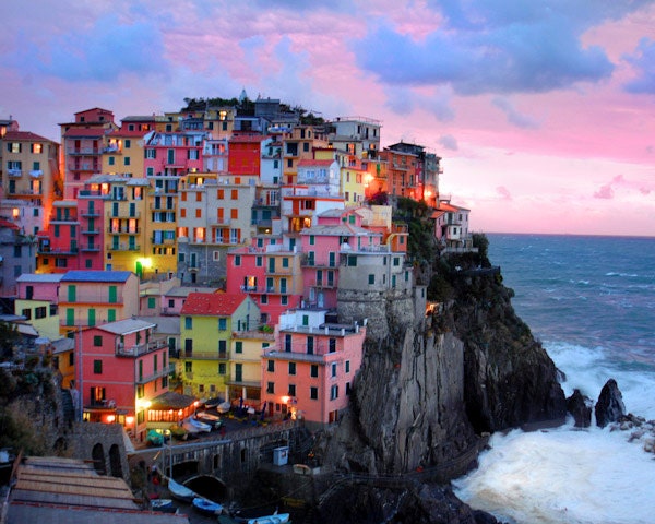 Italy from the Watchtower Canvas-Cinque Terre Village of Vernazza 12/" x 18/"