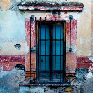 Antigua Guatemala Photo, Rustic Wall Red Blue Window Mexico Photograph Southwestern Style Shabby Chic Wall Art lat3