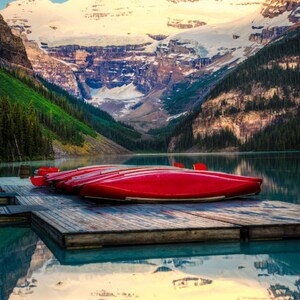 Lake Louise Photo, Banff Photography Banff National Park Red Canoes Jasper Mountain Reflections Wall Art can3