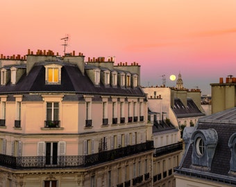 Paris Moon Photograph, Apartment Building Photo Paris Sunset Neutral Colors Wall Art Home Decor par208