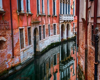 Red buildings and canal in Venice, photograph Italy, photo Venice, pink salmon fuschia wall art home decor en82