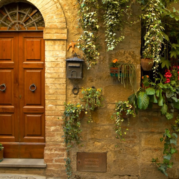 Italy Photography Italian Garden Photo Doorway Garden Flower Pots Neutral Colors Brown Coffee Beige ita25