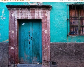 Mexico Photography San Miguel de Allende Photo House Wall Door Red Teal Turquoise Blue Shabby Chic lat2