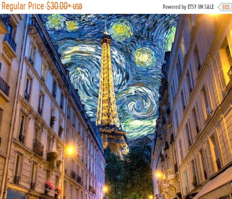 Paris Photograph Van Gogh Print Midnight in Paris Eiffel Tower Photo