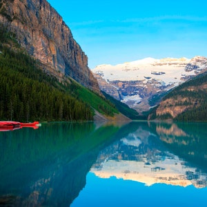 Lake Louise Photo, Banff Photography Red Canoes Reflections Jasper Alberta Rockies Mountains Landscape Canada can6 image 1