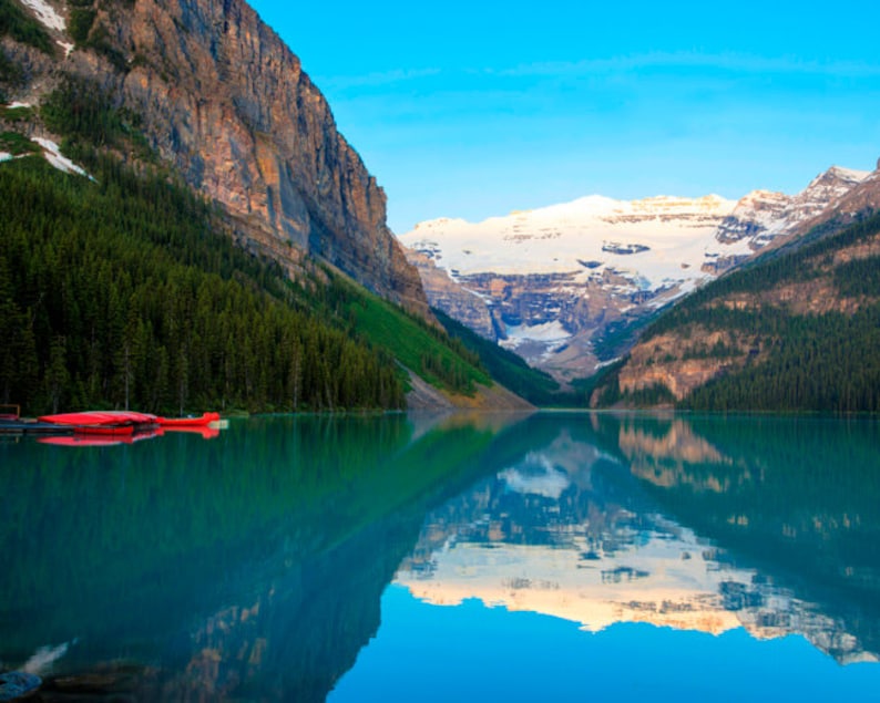 Lake Louise Photo, Banff Photography Red Canoes Reflections Jasper Alberta Rockies Mountains Landscape Canada can6 image 1