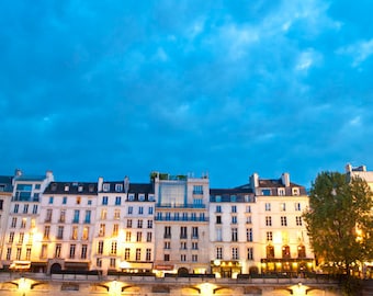 Paris Night Photo, Seine River photo Buildings Twilight Blue Yellow Quay Sky Wall Art Home Decor Dreamy par27