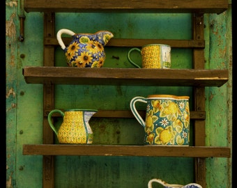 Kitchen Art Pottery Photo Green Yellow Pitcher Photograph Art for the Kitchen Crockery Shabby Chic ita12