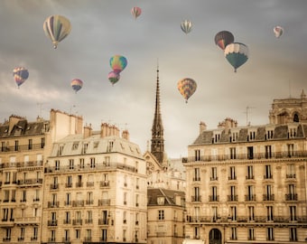 Paris Photography, Hot Air Balloons Photo, Romantic Wall Art Dreamy France Print Beige Neutral Colors par22b