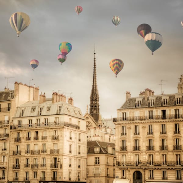 Paris Photography, Hot Air Balloons Photo, Romantic Wall Art Dreamy France Print Beige Neutral Colors par22b