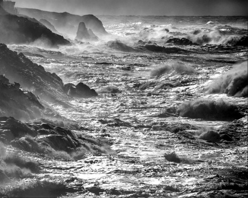 Ocean Storm Photo, Pacific Ocean Photography Crashing Waves Photograph Oregon Coast Black and White Wall Art nat27 image 1