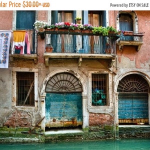 Venice Photograph, Italy Photo Hanging Laundry Balcony Canal Window House Flowers Shabby Chic Red Wall Art ven35 image 1