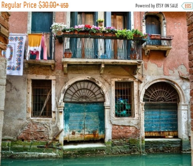 Venice Photograph, Italy Photo Hanging Laundry Balcony Canal Window House Flowers Shabby Chic Red Wall Art ven35 image 1