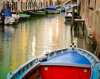 Venice Photography Canal Photograph Red Boat Gondola Photo Italian Colors  Dramatic Colors ven38