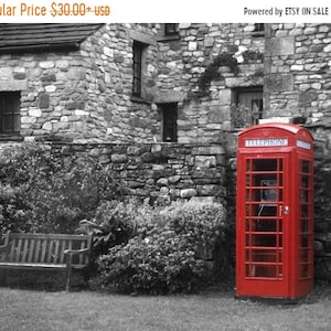 Red English Phone Booth Photo, England Photography Black and White Retro Vintage Uk British eng1a image 1