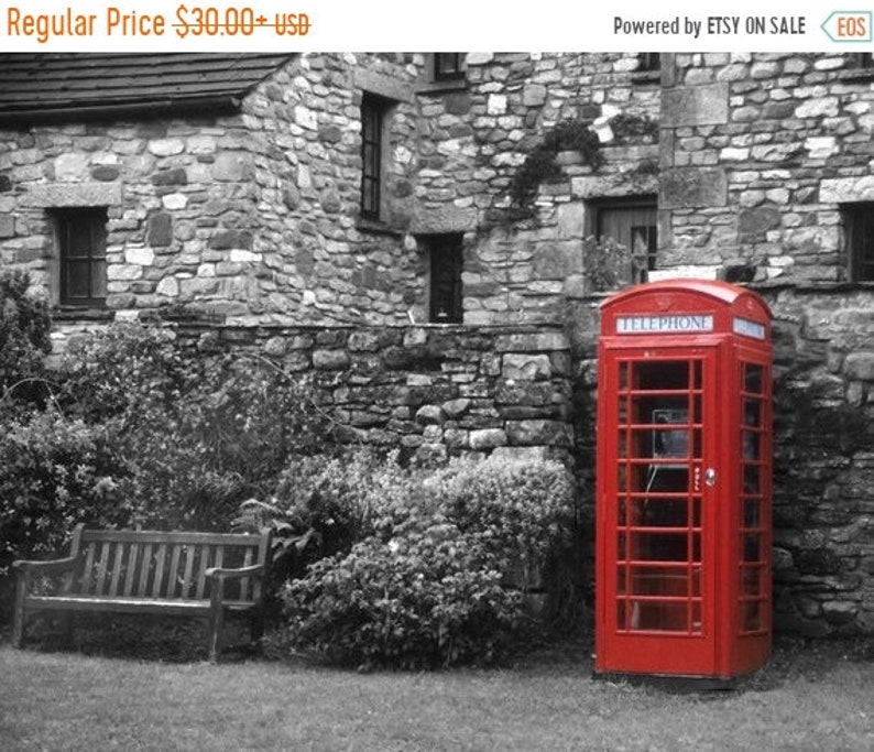 Red English Phone Booth Photo, England Photography Black and White Retro Vintage Uk British eng1a image 1