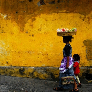 Guatemala Photograph Mother Child Photo Mayan Indian Basket Yellow Gold Ocher Bohemian Shabby Chic lat7 image 1