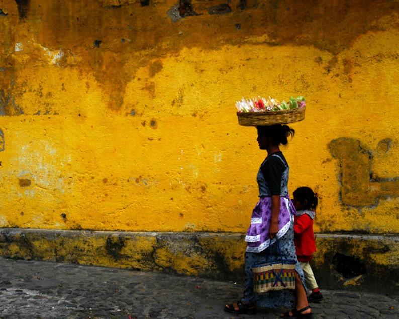 Guatemala Photograph Mother Child Photo Mayan Indian Basket Yellow Gold Ocher Bohemian Shabby Chic lat7 image 1