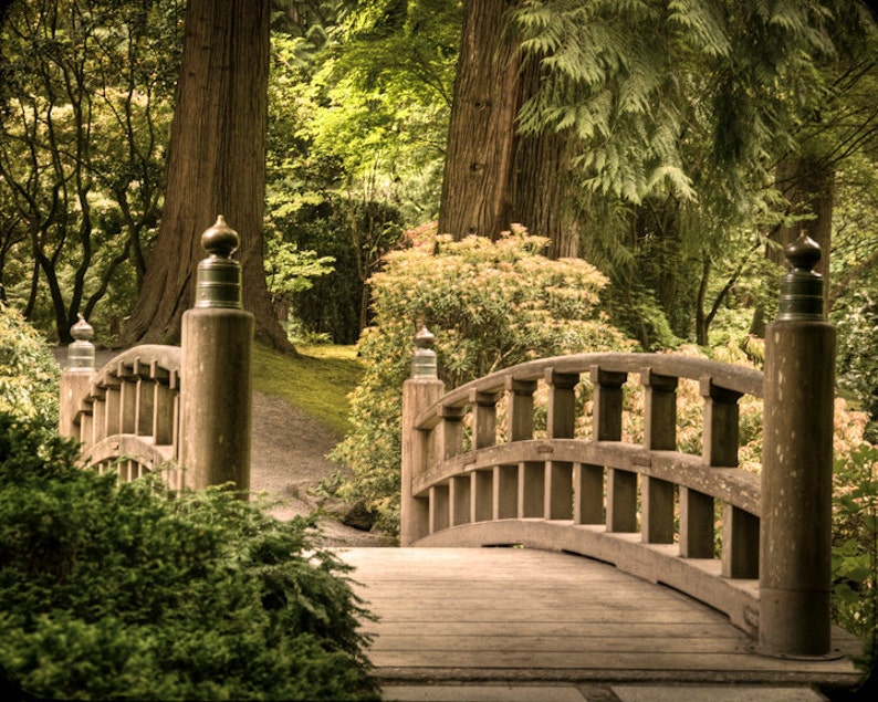 Japanese Garden Photograph Nature Photo Zen Buddhism Quiet Art Calm Peaceful Wooden Bridge Wall Art oth1 image 1