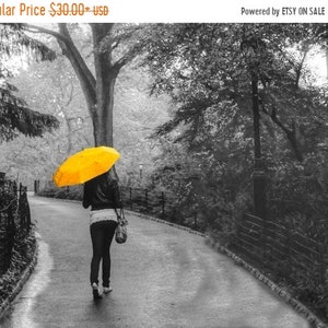 New York Photograph Central Park Photo Spring Rain nyc Manhattan Yellow Umbrella Black and White Feminine nyc60