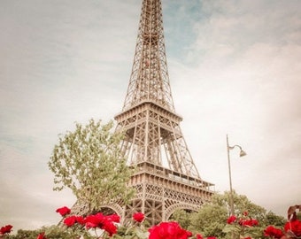 Eiffel Tower Photo, Paris Photography, Red Roses Photograph Garden France Neutral Colors par67