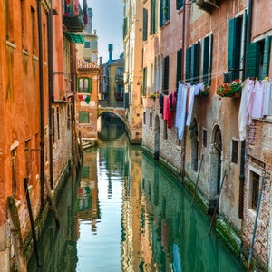 Venice Photography, Hanging Laundry Photo Italy Photograph Canal Orange Wall Art Home Decor Architecture ven44 image 1