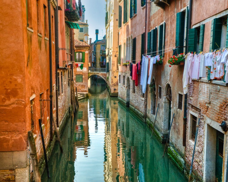 Venice Photography, Hanging Laundry Photo Italy Photograph Canal Orange Wall Art Home Decor Architecture ven44 image 1